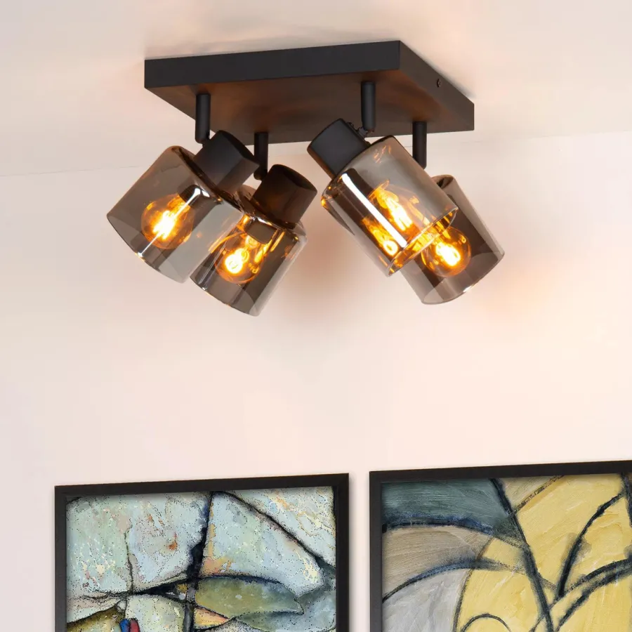 Discount Lucide Alion Taklampe 4 - Røykfarget/Svart Svart / Røyk