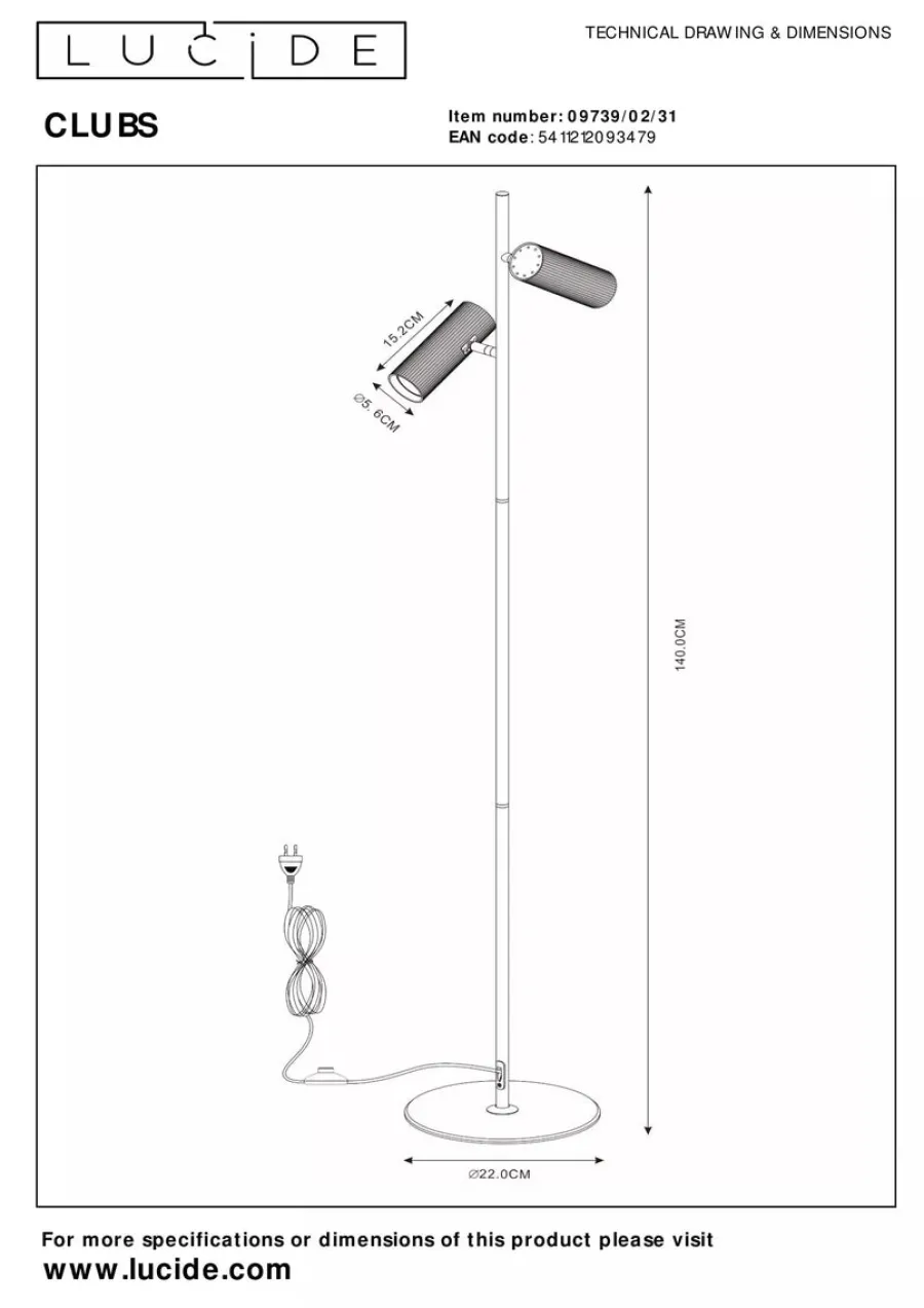 Outlet Lucide Clubs gulvlampe 2-lys - Hvit