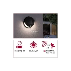 Clearance Paulmann Helena vegglampe utendørs 3W 3000 Kelvin m/bevegelses sensor - Solcelle Antrasitt