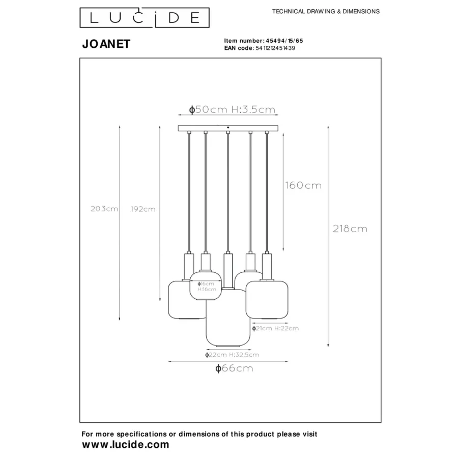 Clearance Lucide Joanet takpendel rondell 5 lys Messing / Røyk
