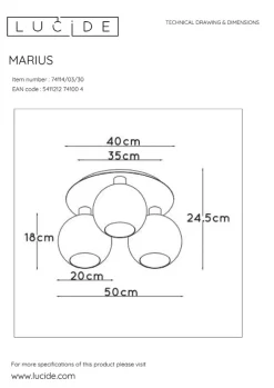 Sale Lucide Marius taklampe 3 Svart / Røyk
