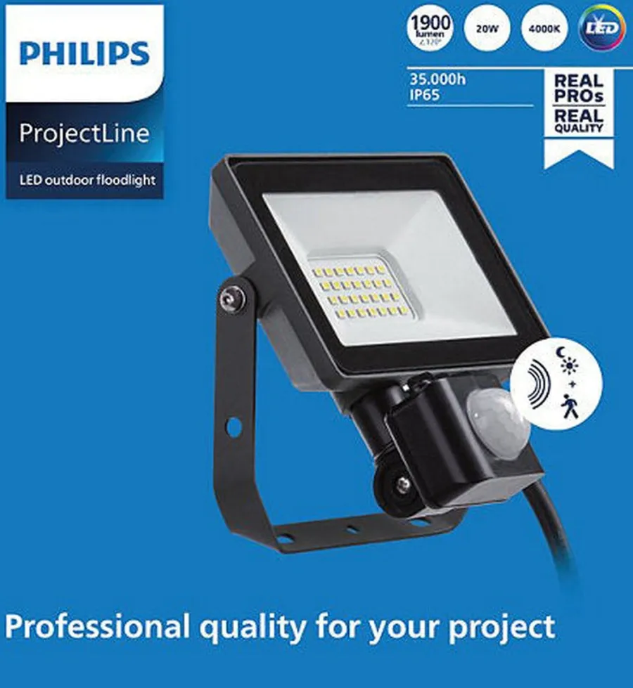 New Philips ProjectLine lyskaster utendørs 20W 4000K IP65 m/bevegelsessensor - Svart
