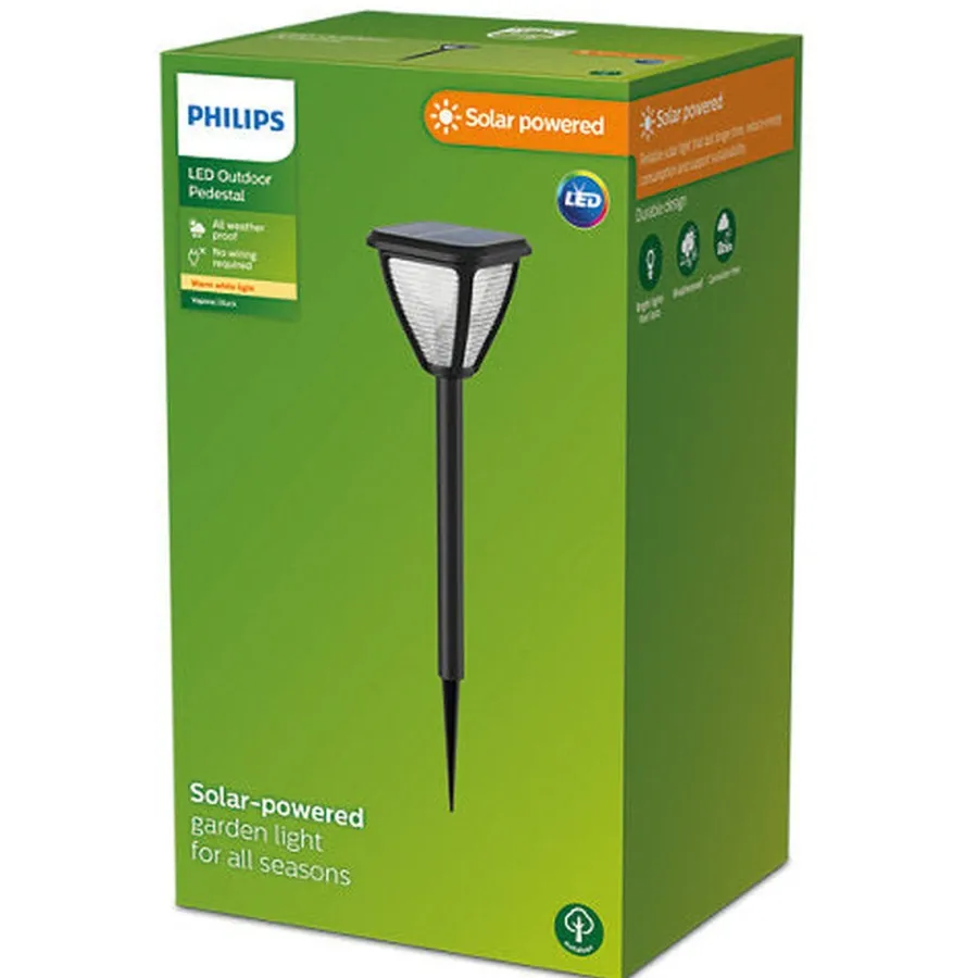 Outlet Philips Vapora hagelys 1,5W 2700 Kelvin IP44 solcelledrevet med dag/natt sensor - 54 cm Svart