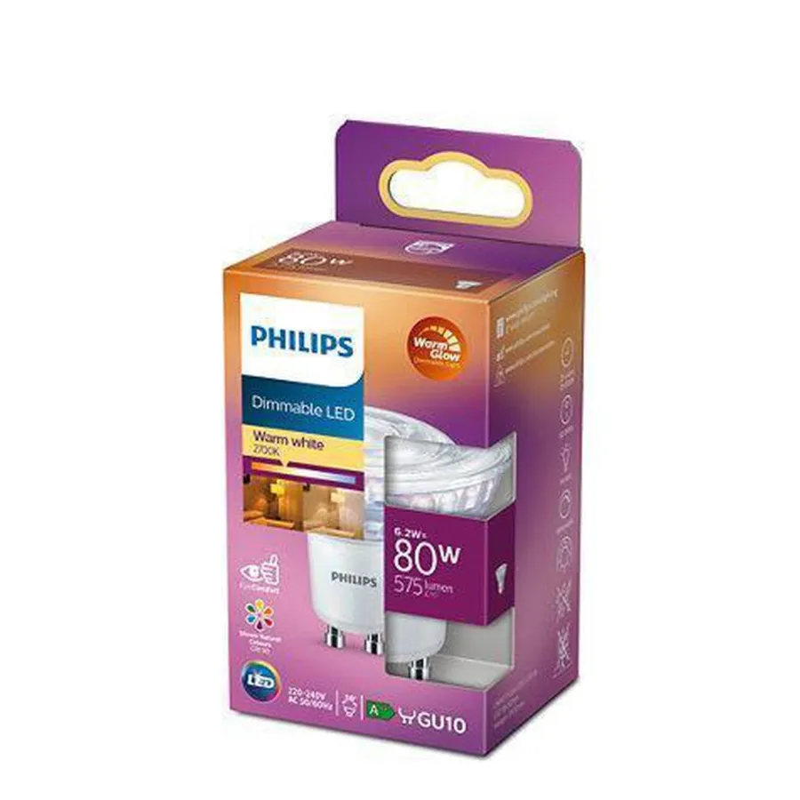 Discount Philips 6,2W (80W), warmglow dimbar GU10 LED RA90 Klar