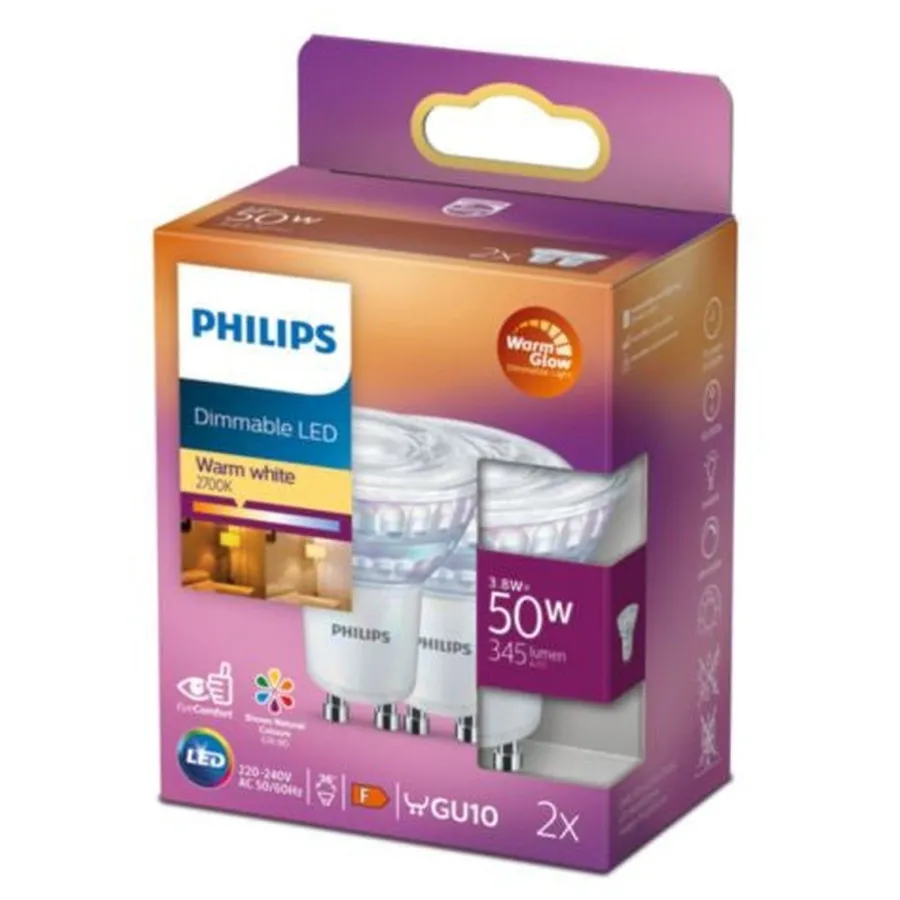 Clearance Philips 3,8W (50W), warmglow dimbar GU10 LED RA90 - 2 pakning Hvit
