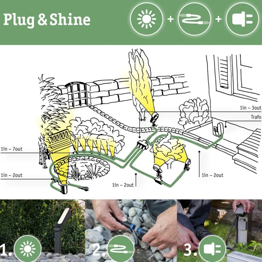 New Paulmann Plug & Shine 1 meter kabel med 3 utganger Svart