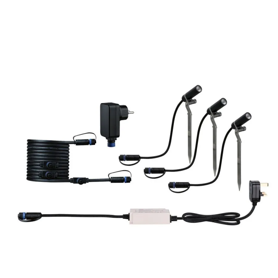 Clearance Paulmann Plug & Shine Platini spot med spyd 2W 3000 Kelvin IP65 - 3 pakning med strømforsyning Antrasitt