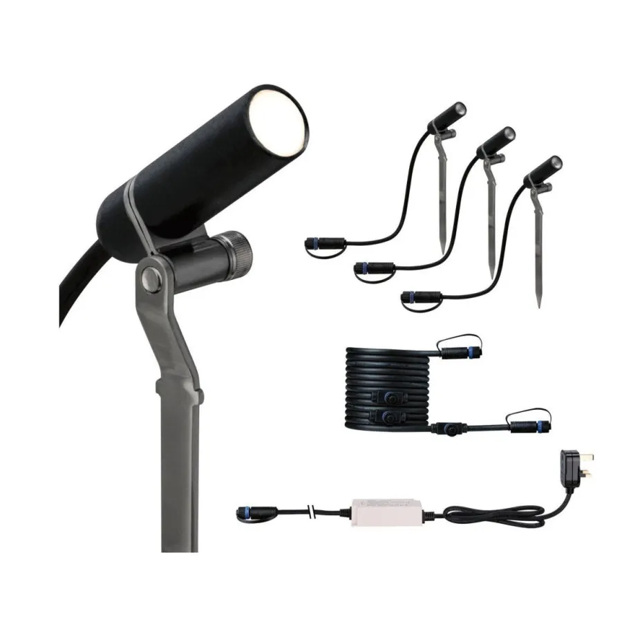 Clearance Paulmann Plug & Shine Platini spot med spyd 2W 3000 Kelvin IP65 - 3 pakning med strømforsyning Antrasitt