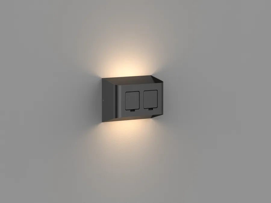 Outlet Aneta Lighting Søgne vegglampe utendørs opp/ned lys IP44 10W m/dobbel stikkontakt - Dimbar Svart