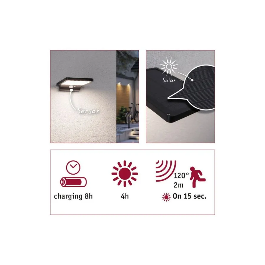 Sale Paulmann Solveig vegglampe utendørs 4,8W 3000 Kelvin m/bevegelses sensor - Solcelle Svart