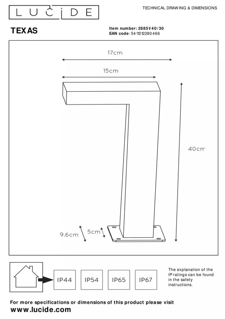 New Lucide Texas pullert 40 cm 7W IP54 - Antrasitt