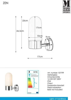 Sale Marksløjd Zen vegglampe IP44 - Krom/opalhvit - Krom / Opal